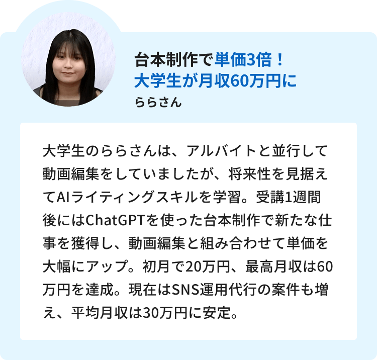 1:台本制作で単価3倍！大学生が月収60万円に